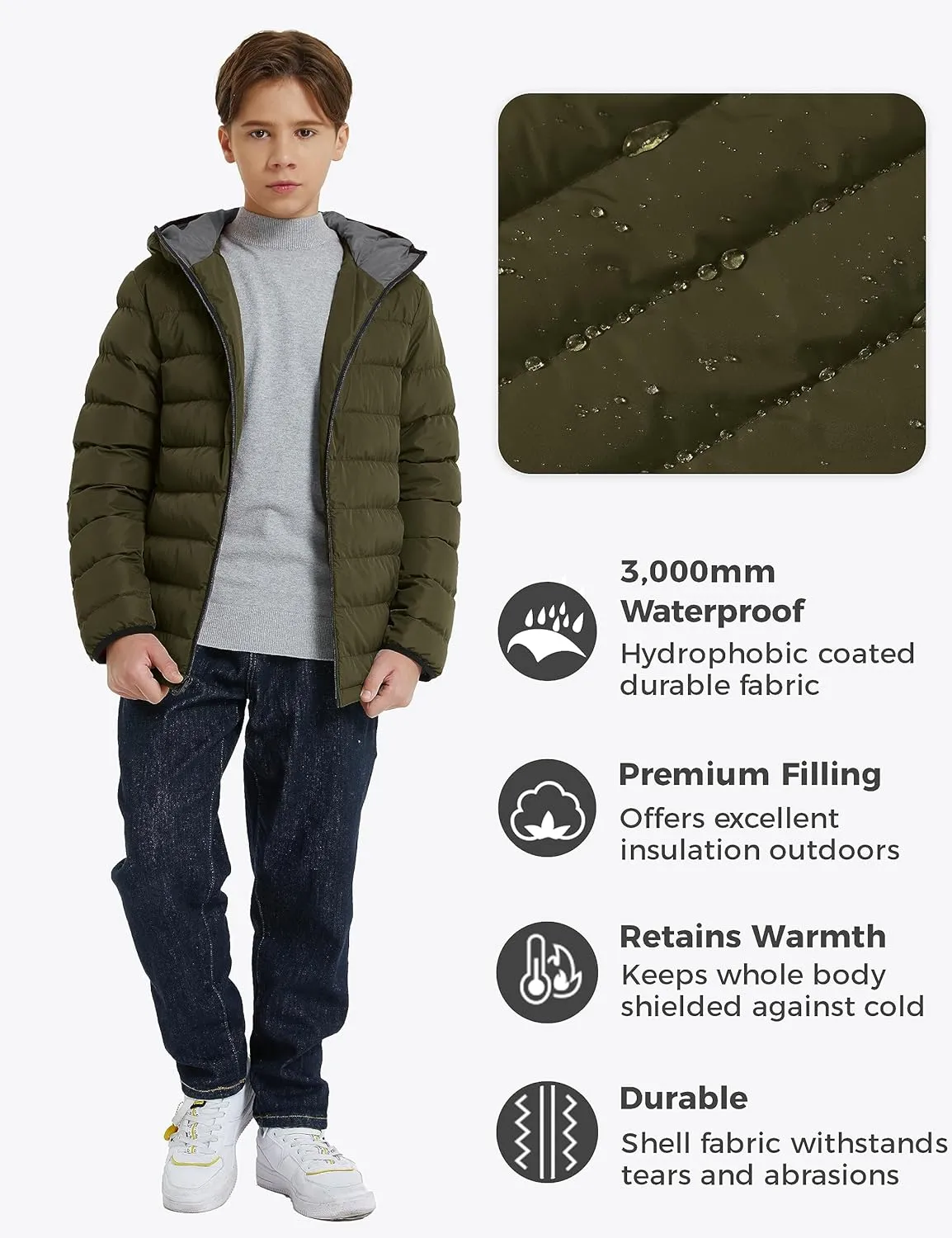 wantdo Boys' Winter Coat Lightweight Puffer Jacket Waterproof Outerwear Hooded