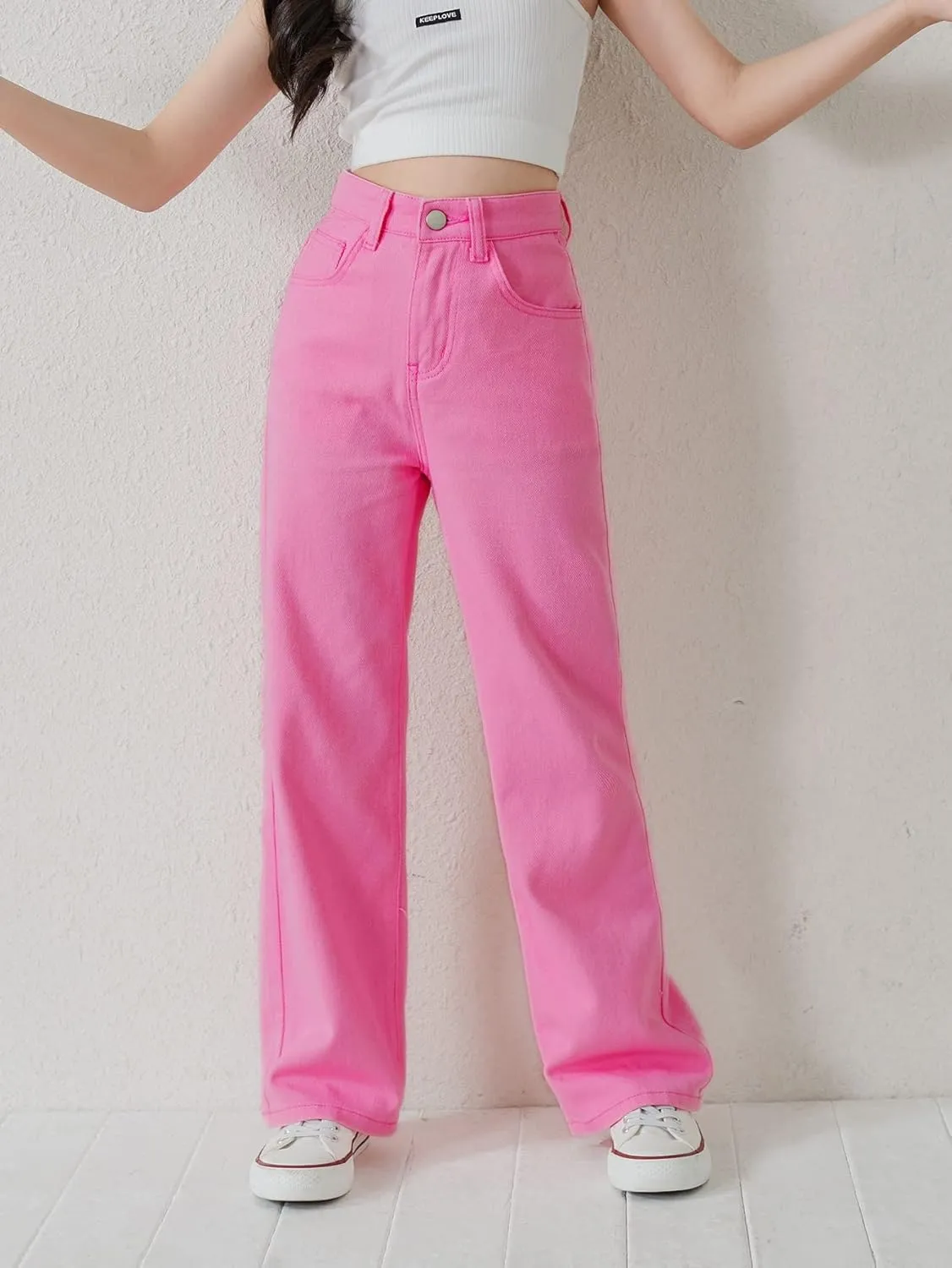 WDIRARA Girl's Butterfly Print Elastic Waist Wide Leg Ripped Jeans Denim Pants