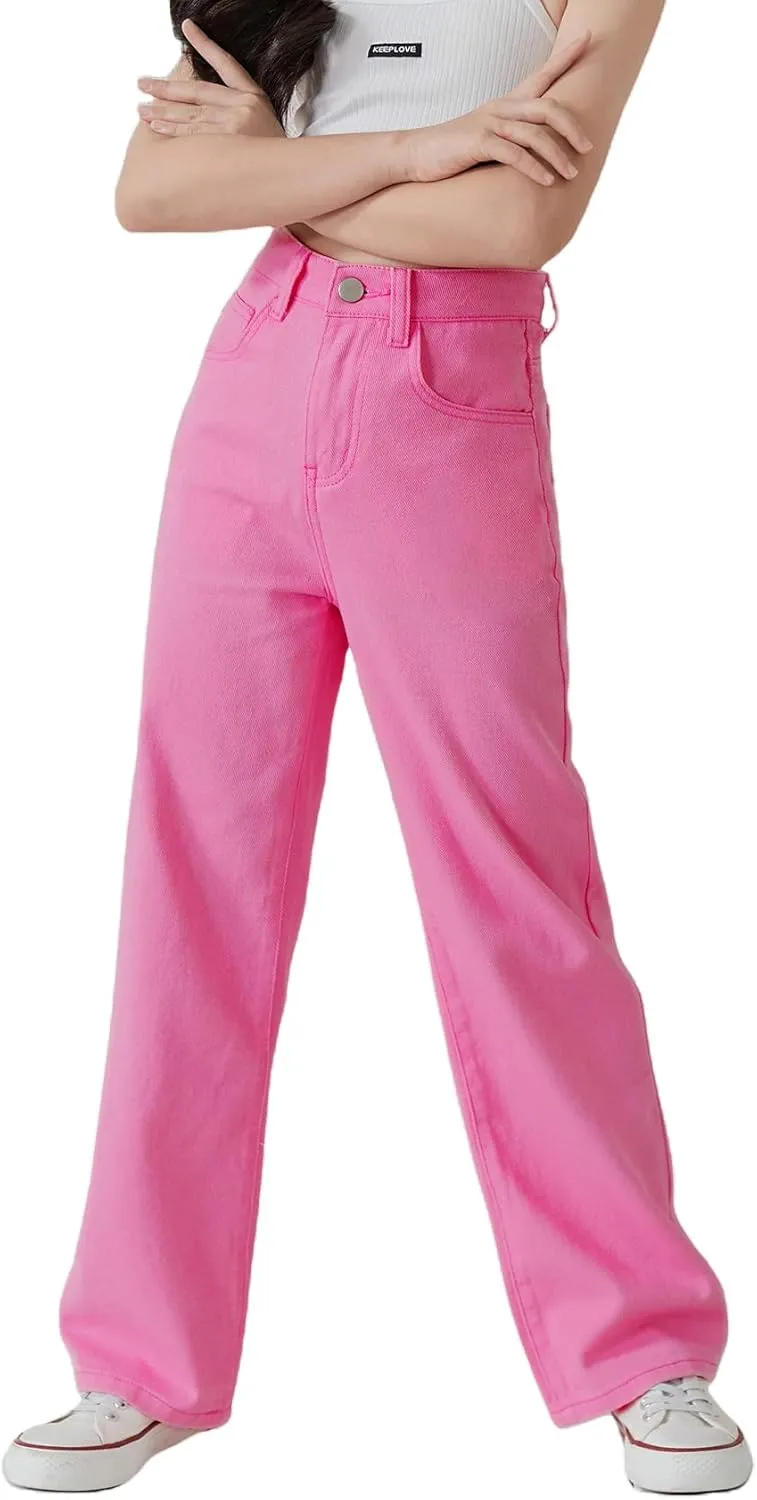 WDIRARA Girl's Butterfly Print Elastic Waist Wide Leg Ripped Jeans Denim Pants
