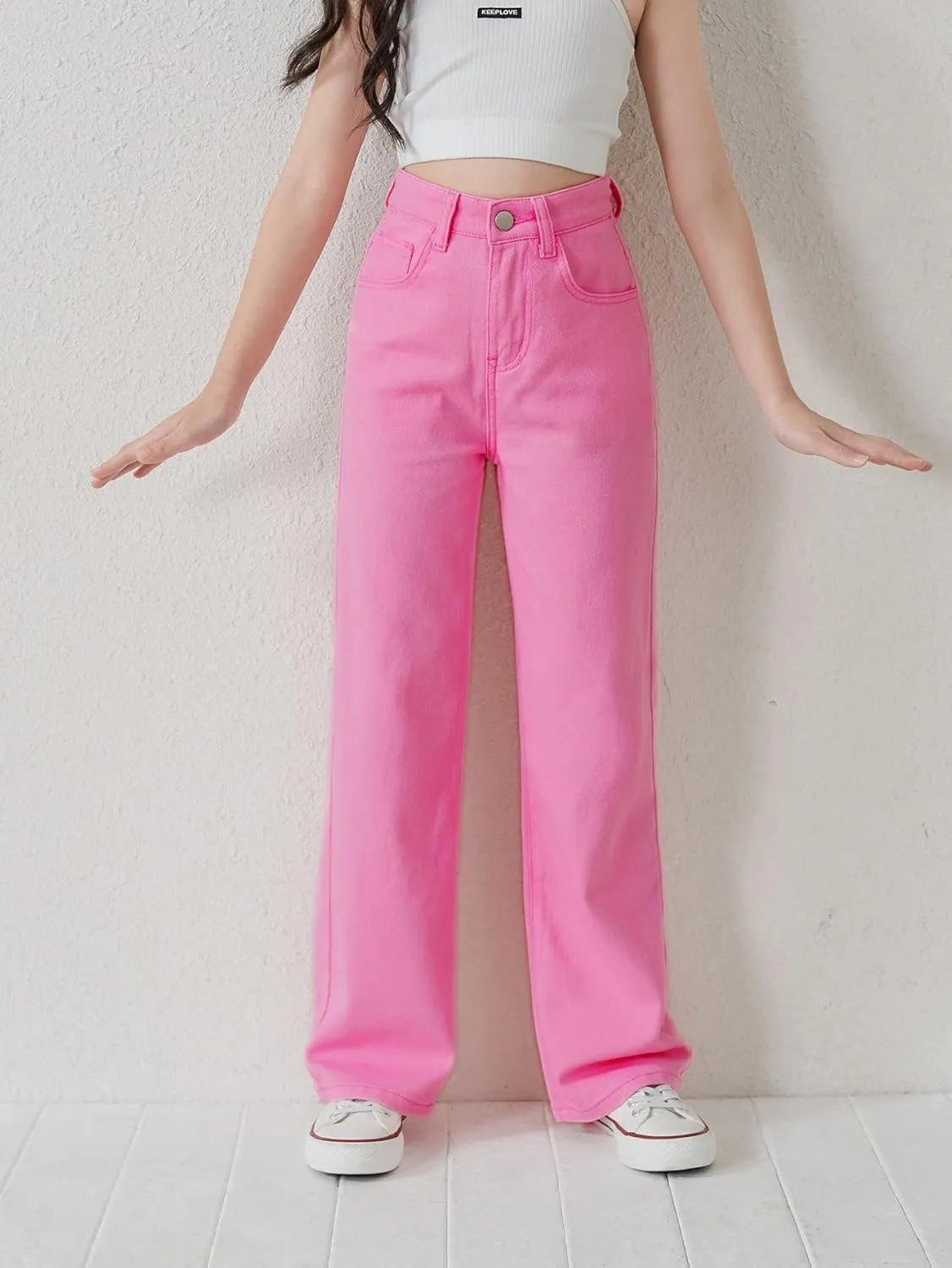WDIRARA Girl's Butterfly Print Elastic Waist Wide Leg Ripped Jeans Denim Pants