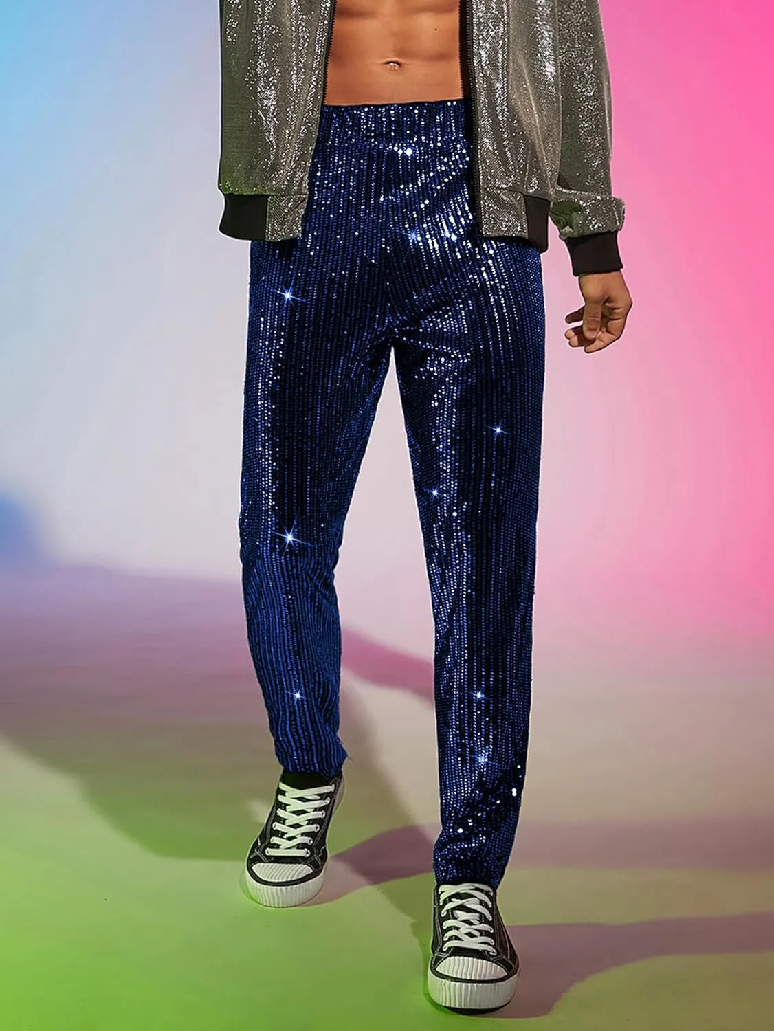 WDIRARA Men's Contrast Sequin Carrot Pants Elastic Waist Skinny Straight Leg Pants