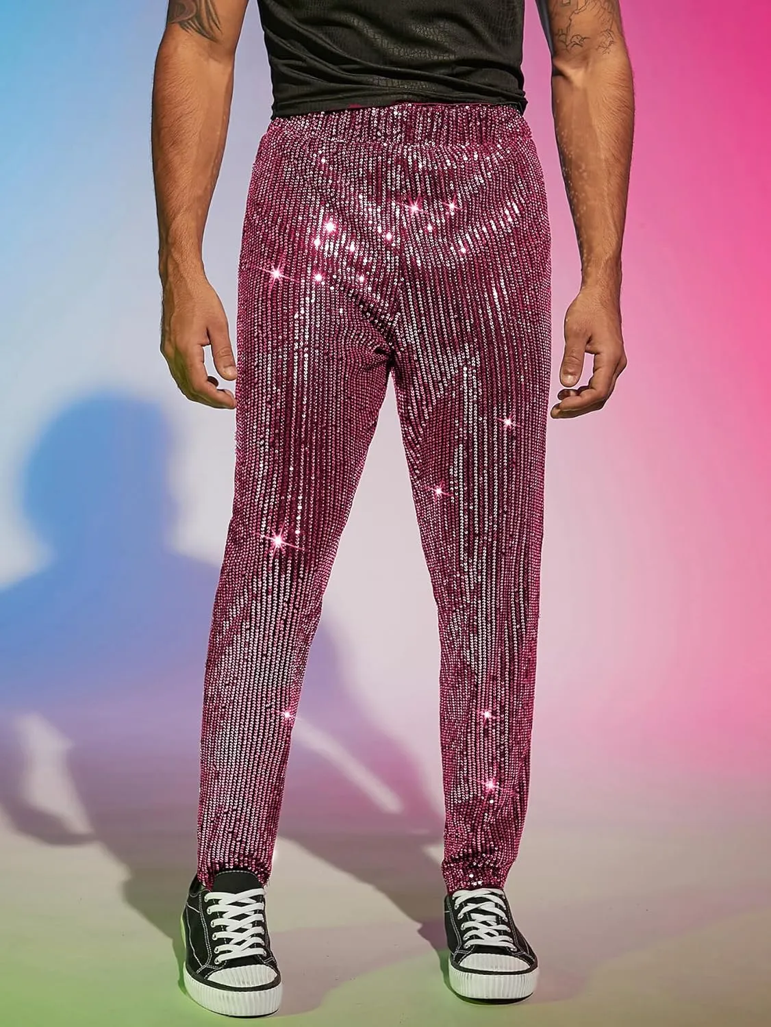 WDIRARA Men's Contrast Sequin Carrot Pants Elastic Waist Skinny Straight Leg Pants