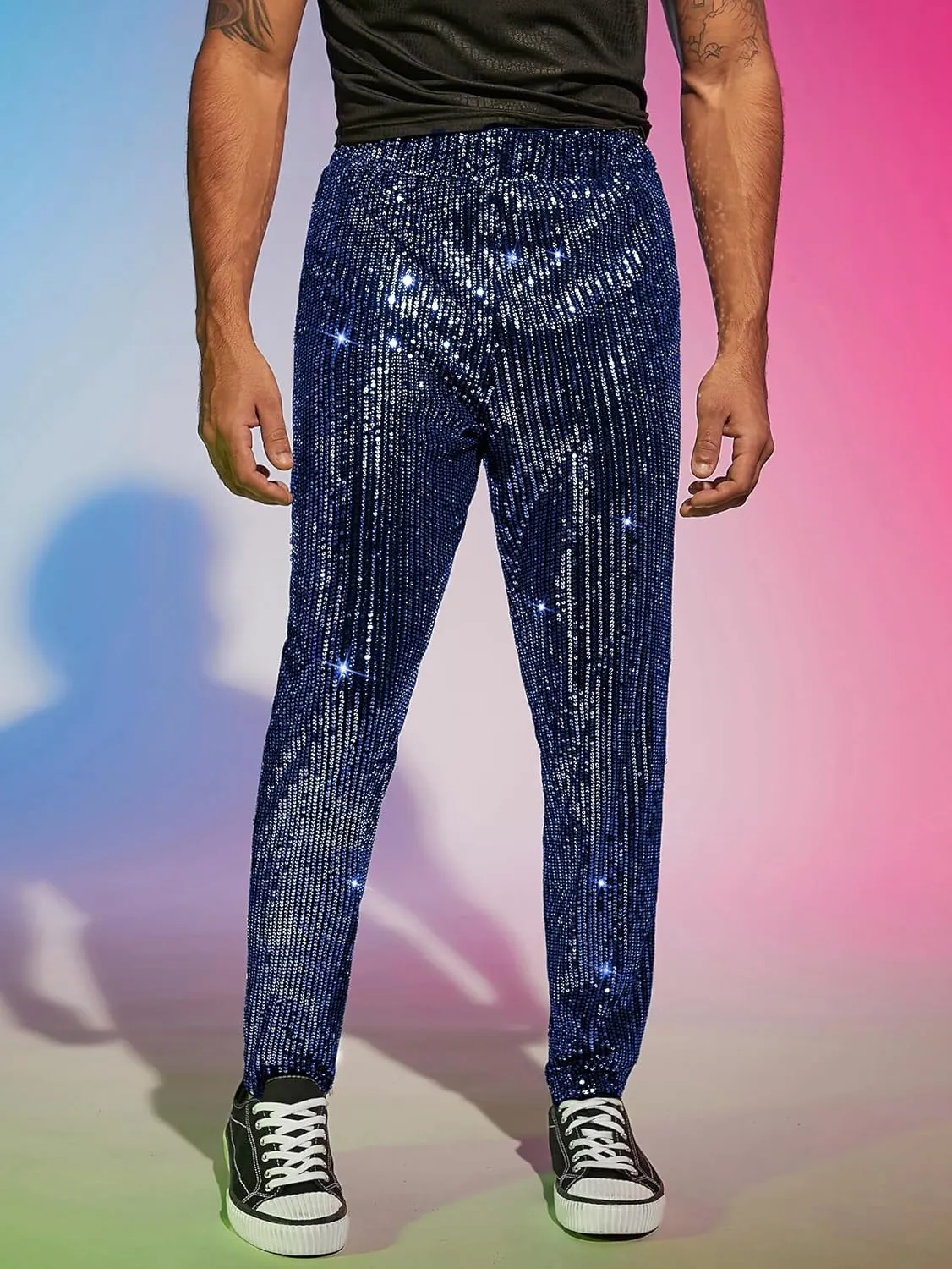 WDIRARA Men's Contrast Sequin Carrot Pants Elastic Waist Skinny Straight Leg Pants