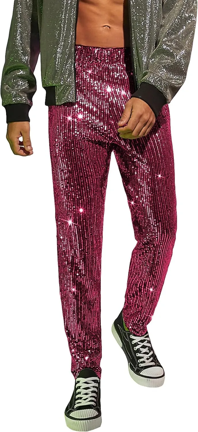 WDIRARA Men's Contrast Sequin Carrot Pants Elastic Waist Skinny Straight Leg Pants