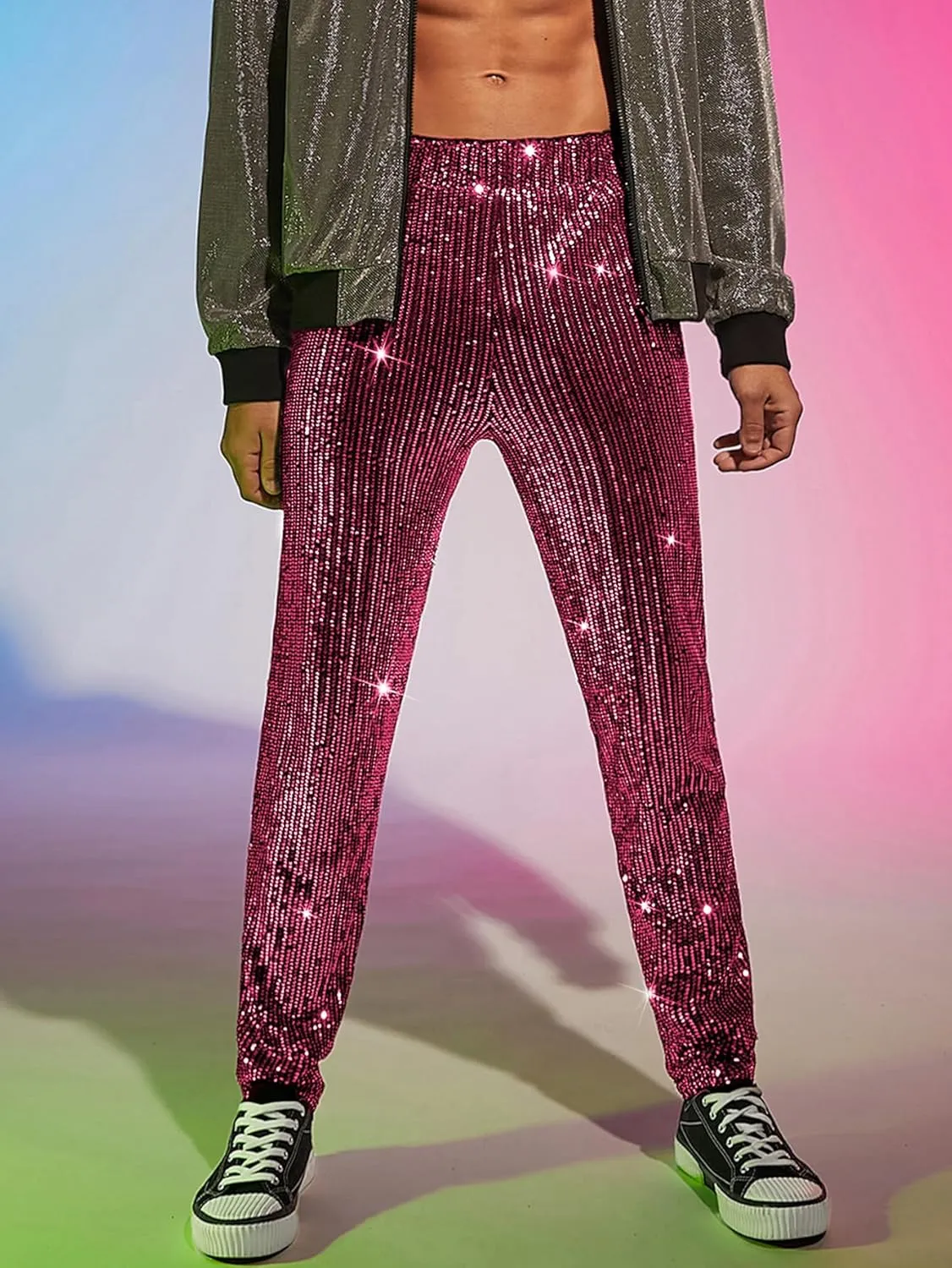 WDIRARA Men's Contrast Sequin Carrot Pants Elastic Waist Skinny Straight Leg Pants