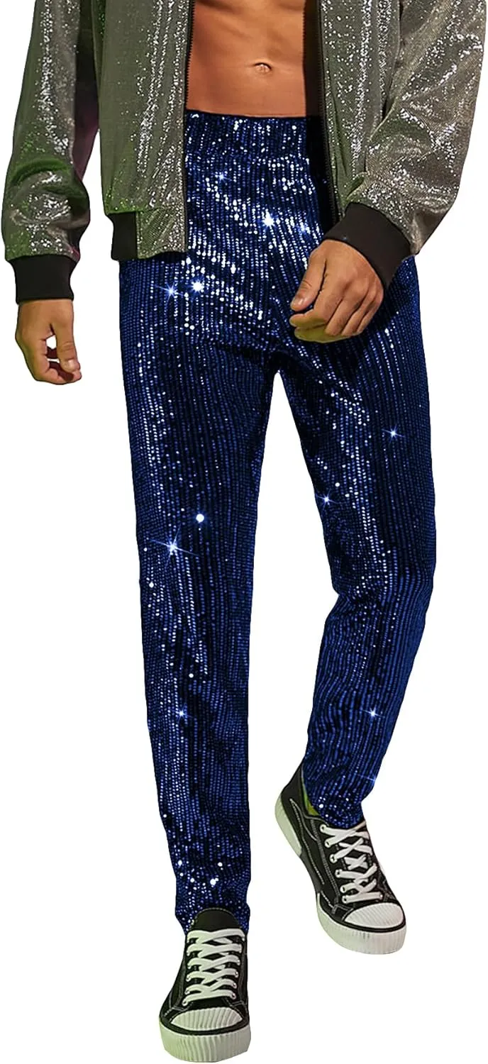 WDIRARA Men's Contrast Sequin Carrot Pants Elastic Waist Skinny Straight Leg Pants