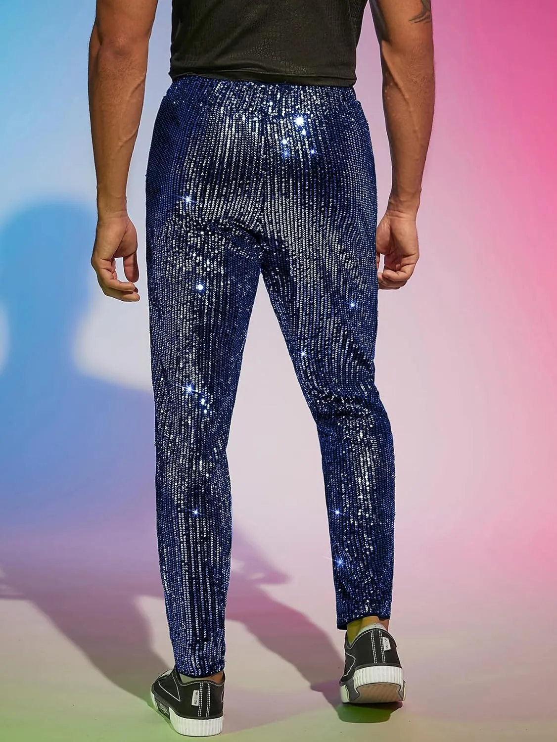 WDIRARA Men's Contrast Sequin Carrot Pants Elastic Waist Skinny Straight Leg Pants