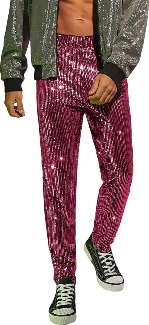 WDIRARA Men's Contrast Sequin Carrot Pants Elastic Waist Skinny Straight Leg Pants