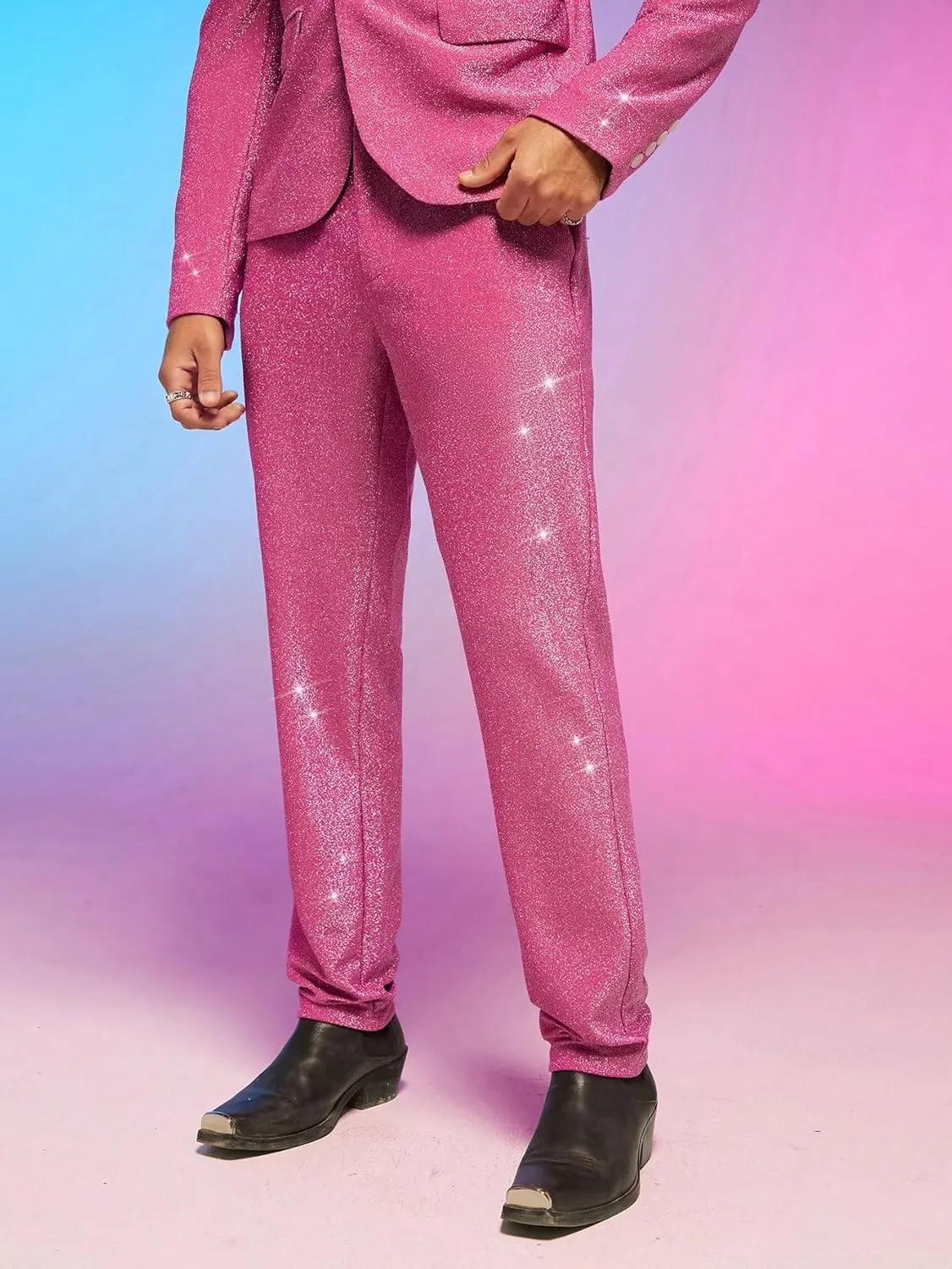 WDIRARA Men's Contrast Sequin Carrot Pants Elastic Waist Skinny Straight Leg Pants