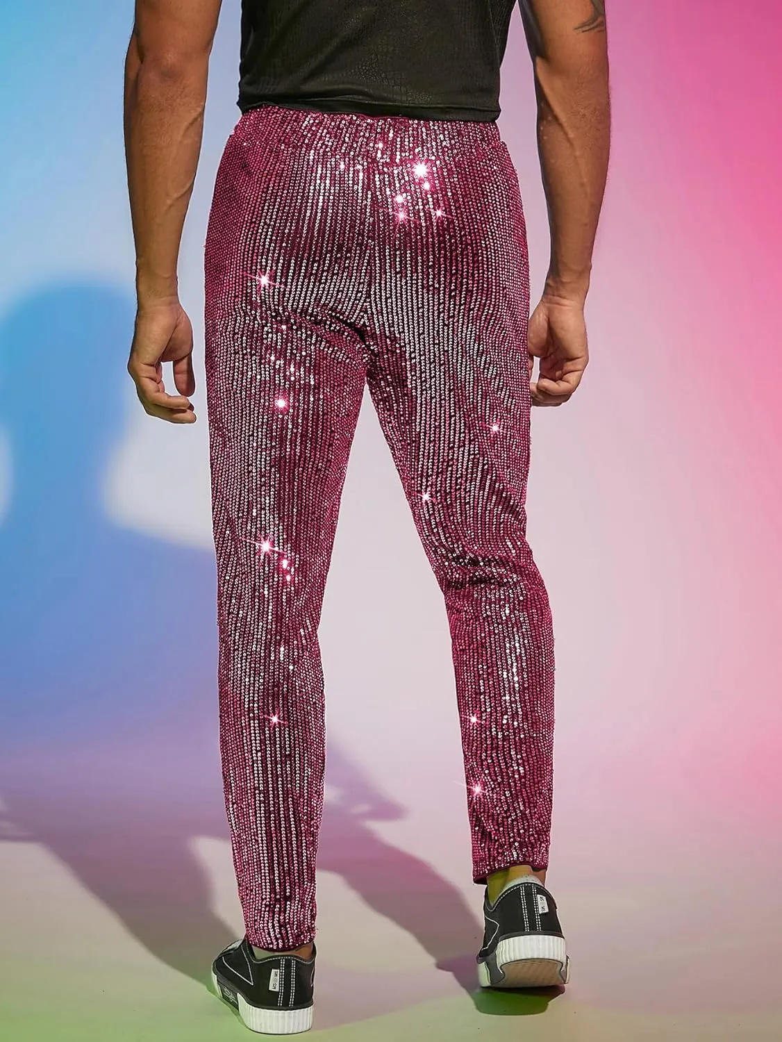 WDIRARA Men's Contrast Sequin Carrot Pants Elastic Waist Skinny Straight Leg Pants