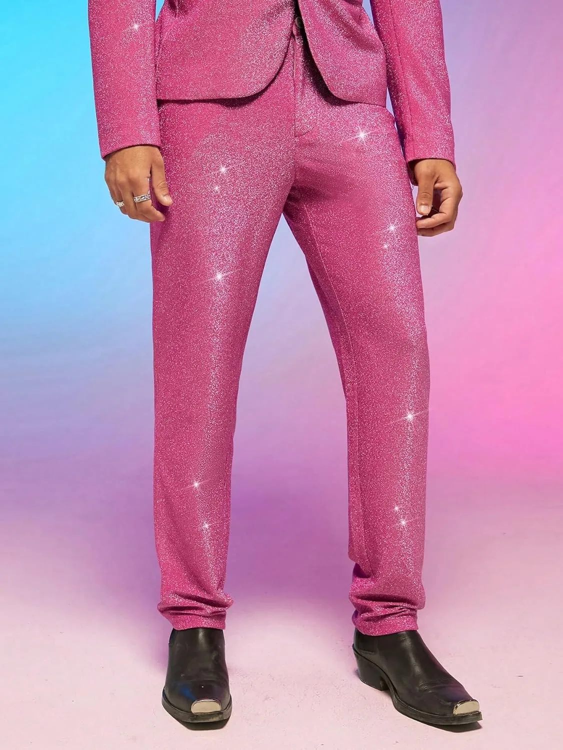 WDIRARA Men's Contrast Sequin Carrot Pants Elastic Waist Skinny Straight Leg Pants