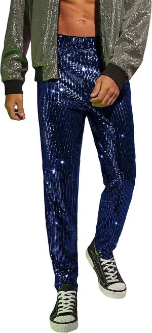 WDIRARA Men's Contrast Sequin Carrot Pants Elastic Waist Skinny Straight Leg Pants