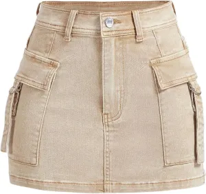 WDIRARA Women's Casual High Waisted Denim Skirt Y2k Mini Cargo Skirts with Pockets