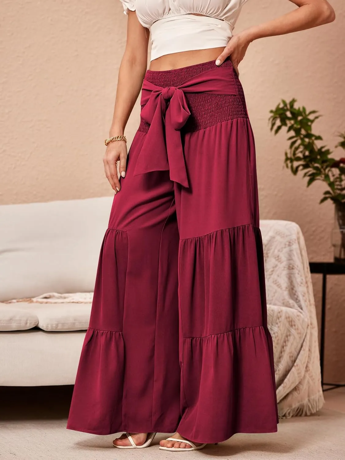WDIRARA Women's Shirred Elastic Waist Tie Front Ruffle Hem Wide Leg Pants