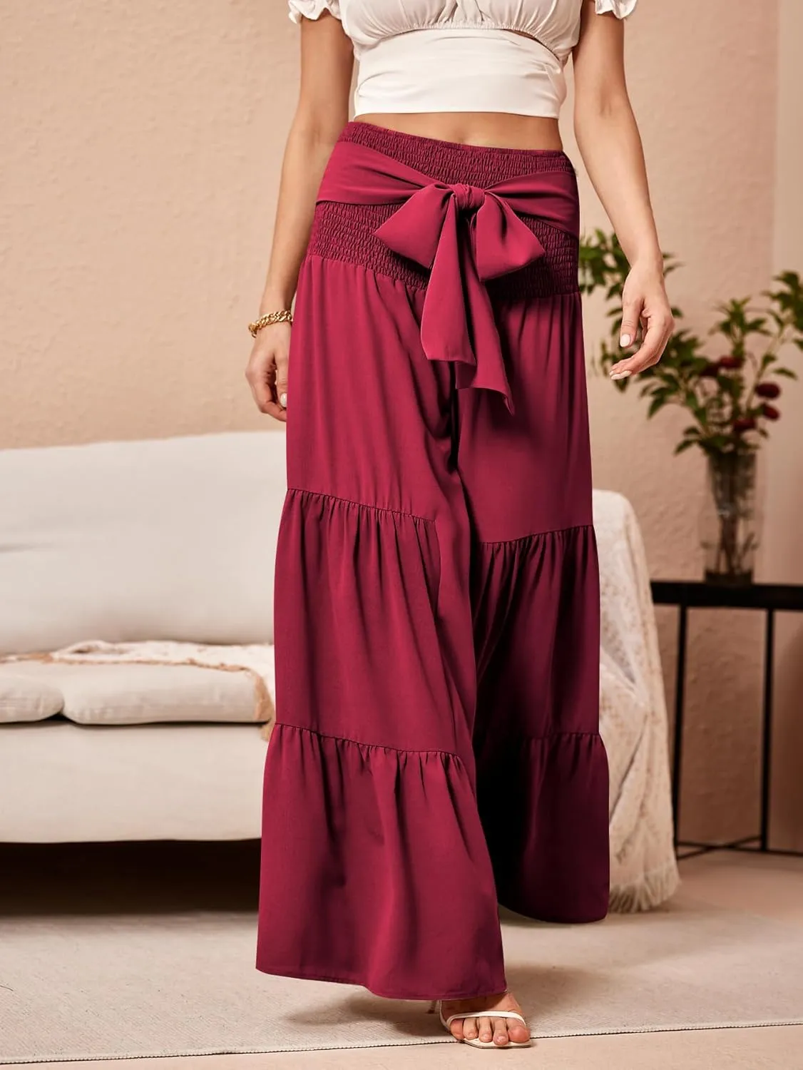 WDIRARA Women's Shirred Elastic Waist Tie Front Ruffle Hem Wide Leg Pants