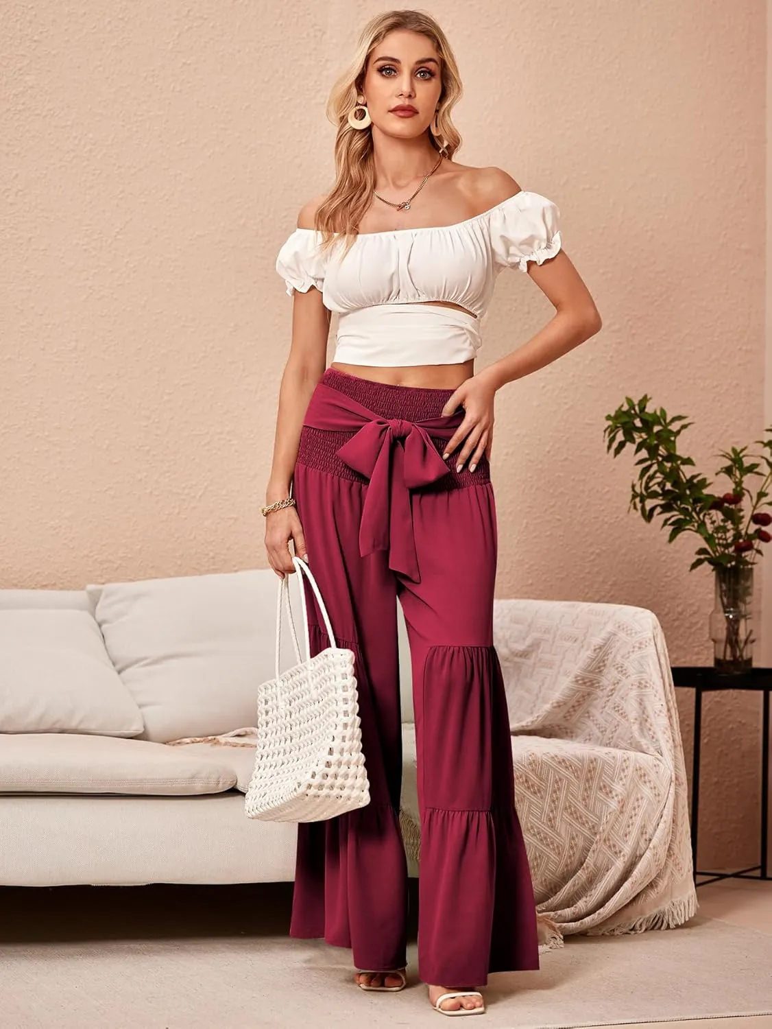 WDIRARA Women's Shirred Elastic Waist Tie Front Ruffle Hem Wide Leg Pants