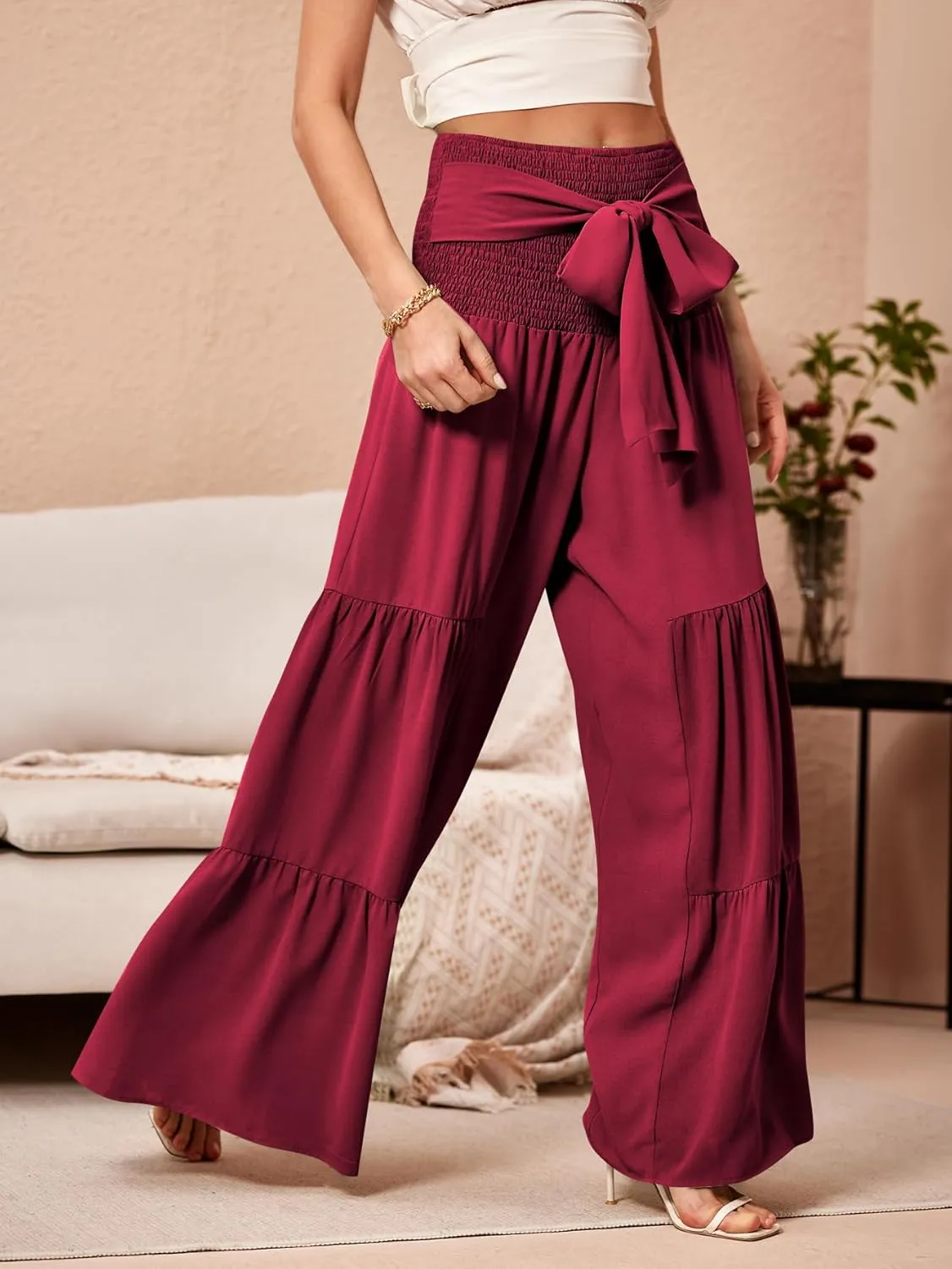 WDIRARA Women's Shirred Elastic Waist Tie Front Ruffle Hem Wide Leg Pants