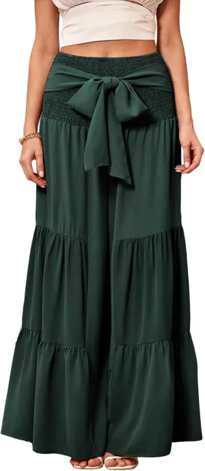 WDIRARA Women's Shirred Elastic Waist Tie Front Ruffle Hem Wide Leg Pants