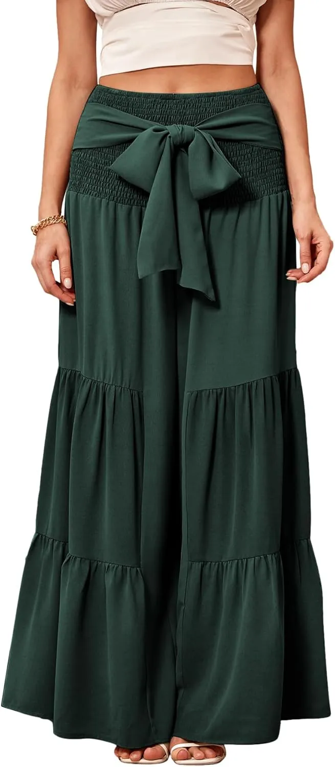 WDIRARA Women's Shirred Elastic Waist Tie Front Ruffle Hem Wide Leg Pants