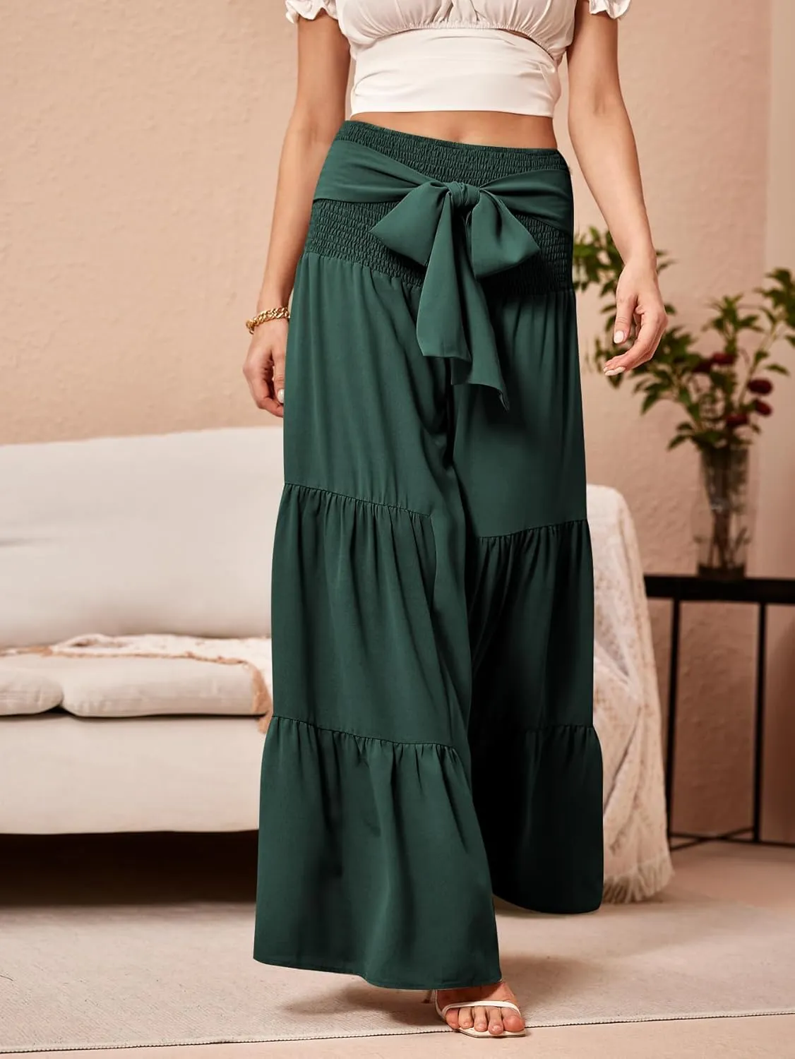 WDIRARA Women's Shirred Elastic Waist Tie Front Ruffle Hem Wide Leg Pants
