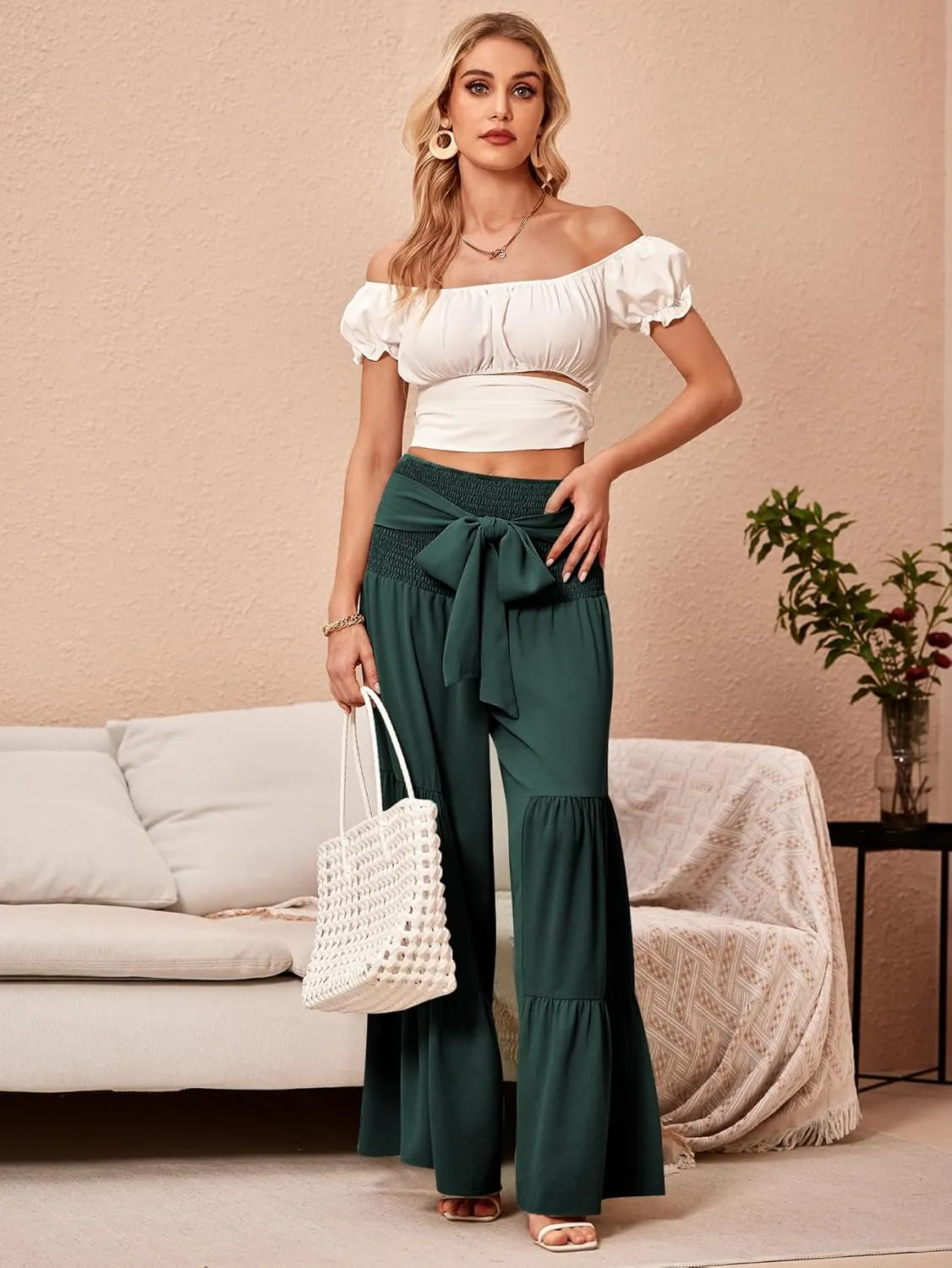 WDIRARA Women's Shirred Elastic Waist Tie Front Ruffle Hem Wide Leg Pants