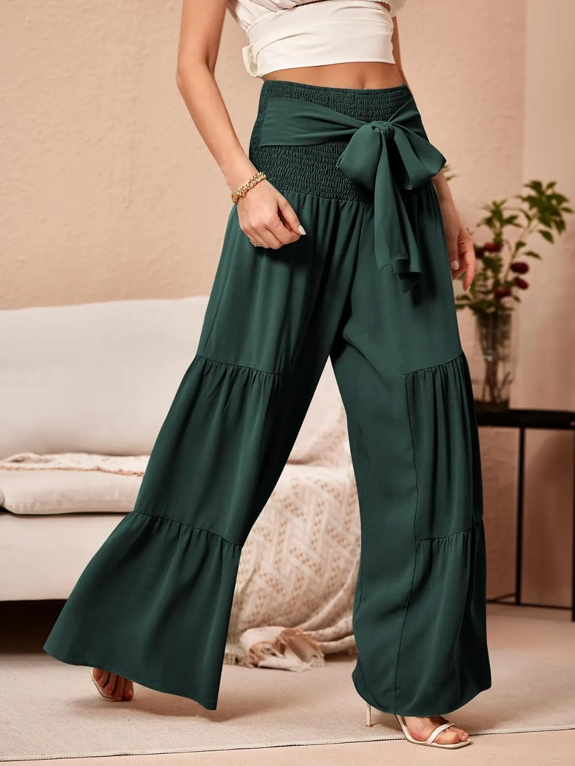 WDIRARA Women's Shirred Elastic Waist Tie Front Ruffle Hem Wide Leg Pants