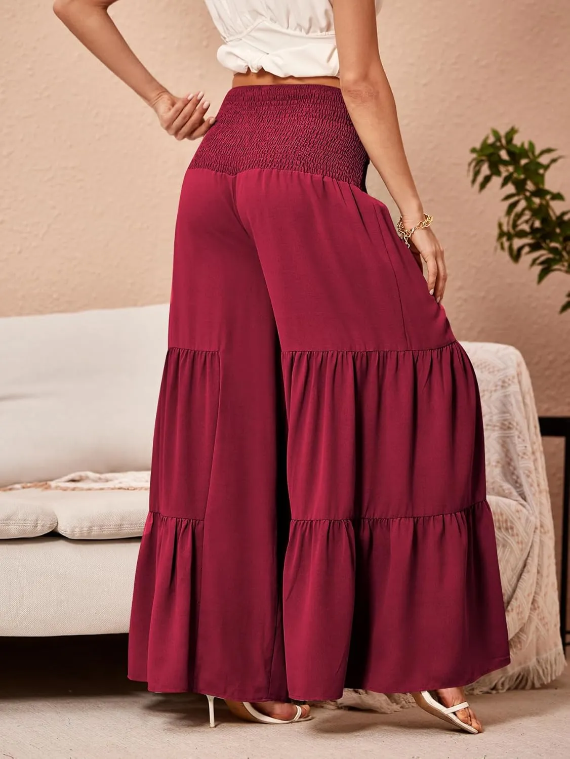 WDIRARA Women's Shirred Elastic Waist Tie Front Ruffle Hem Wide Leg Pants