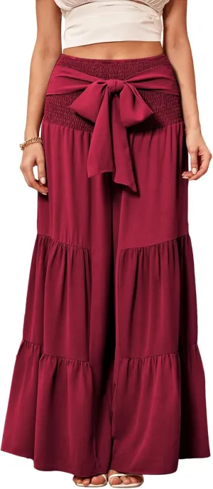 WDIRARA Women's Shirred Elastic Waist Tie Front Ruffle Hem Wide Leg Pants