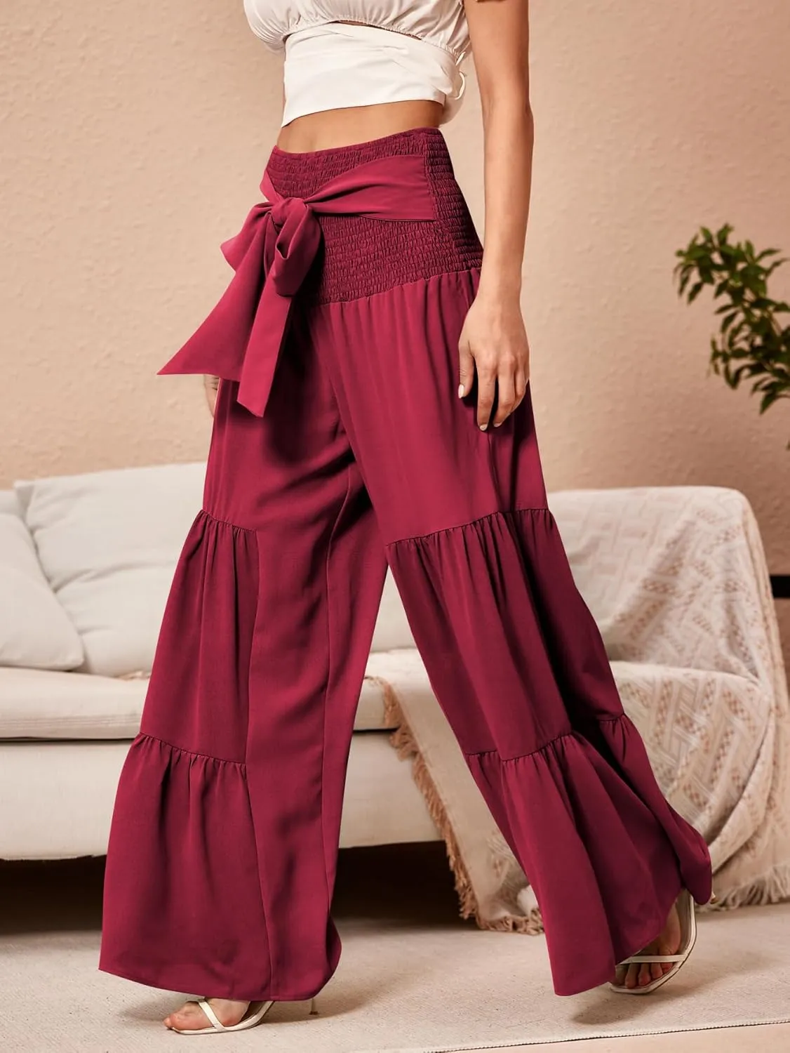WDIRARA Women's Shirred Elastic Waist Tie Front Ruffle Hem Wide Leg Pants