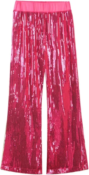 WELAKEN Girls Sequin Flare Pants Sparkle Elastic Waist Dance Pants with Pockets