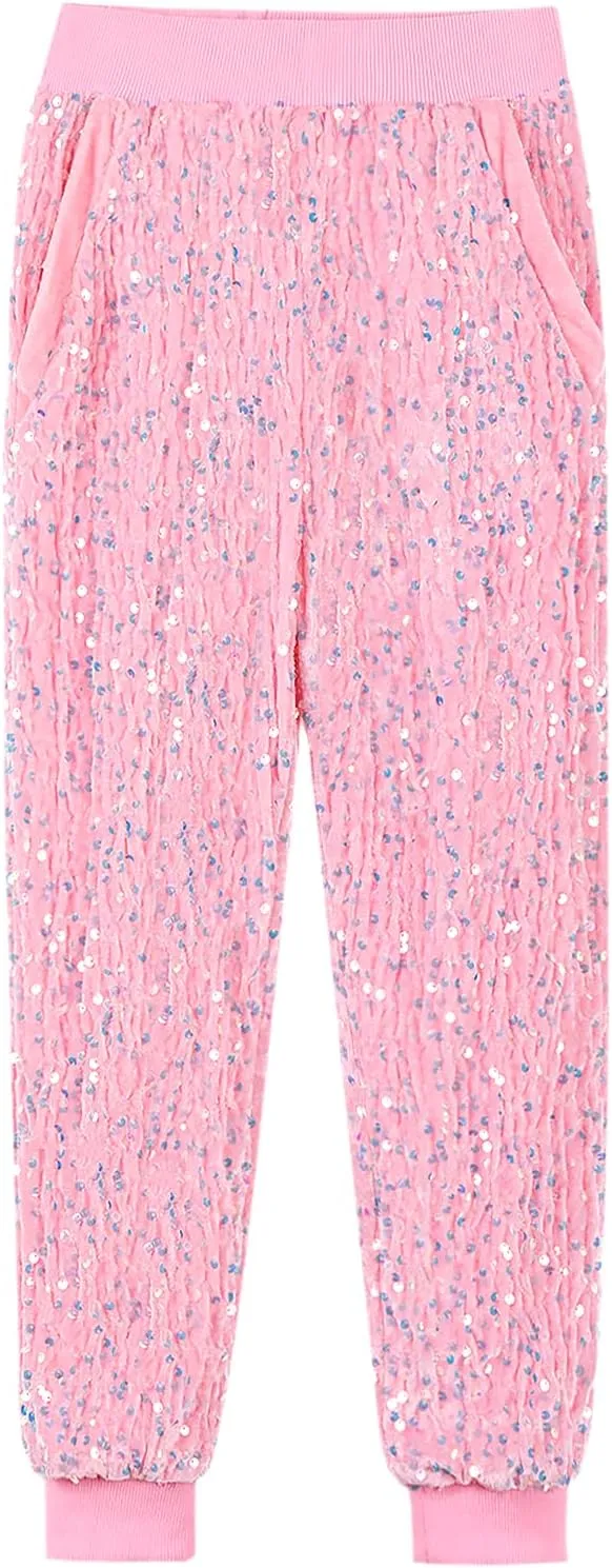 WELAKEN Girls Sequin Sweatpants Kid Sparkle Elastic Waist Dance Party Pants with Lining