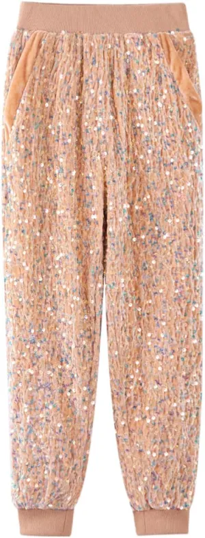 WELAKEN Girls Sequin Sweatpants Kid Sparkle Elastic Waist Dance Party Pants with Lining