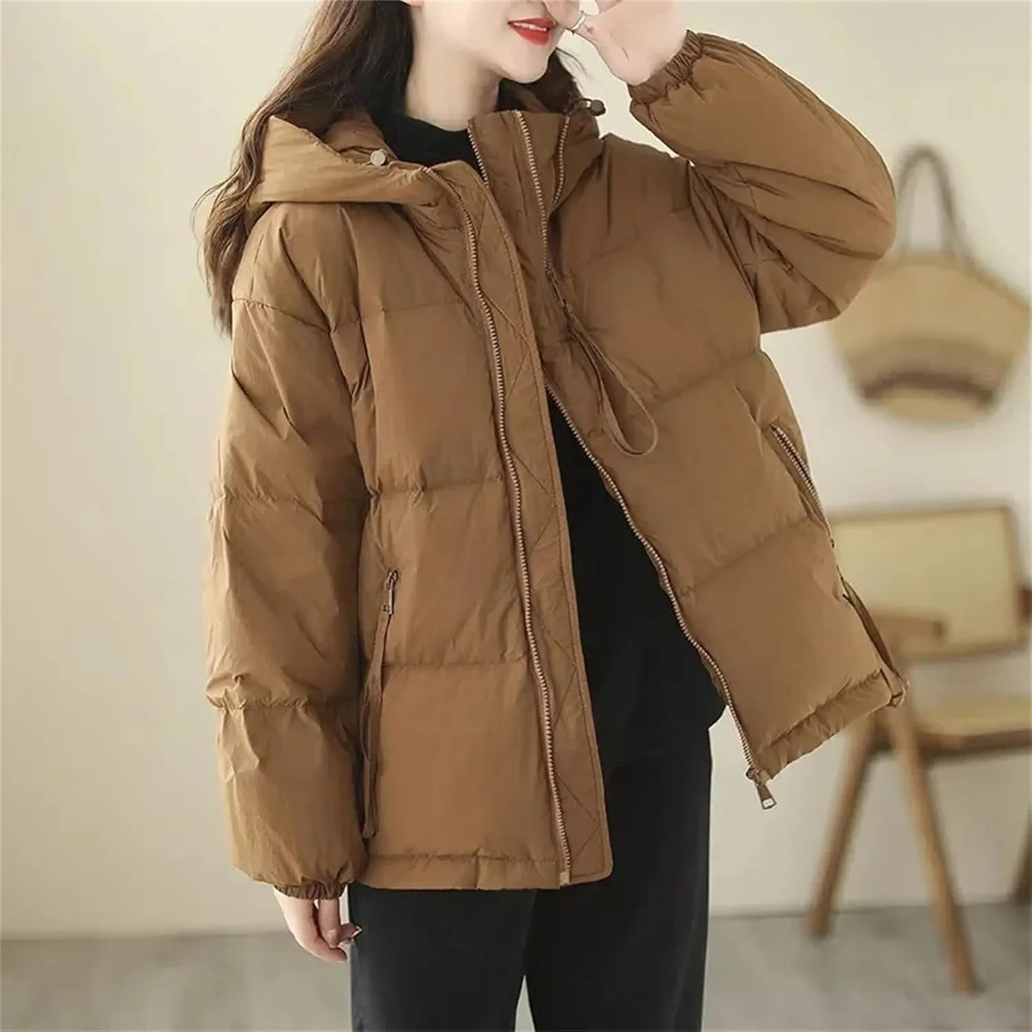 Winter Down cotton Jacket Women Parkas Hooded Zipper Pockets Thick Warm Padded Coat Female Loose outerwear