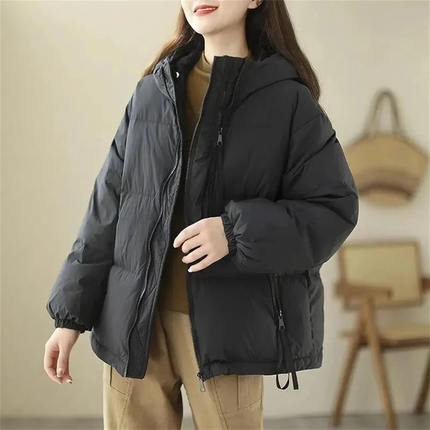 Winter Down cotton Jacket Women Parkas Hooded Zipper Pockets Thick Warm Padded Coat Female Loose outerwear