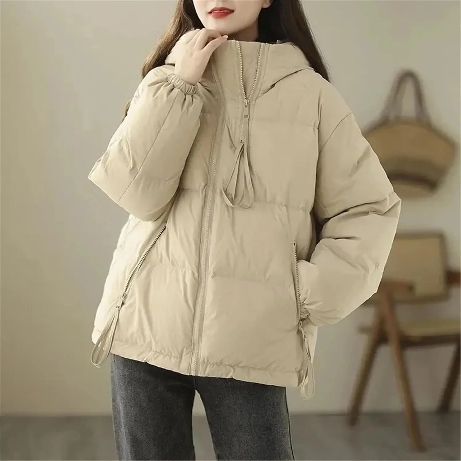 Winter Down cotton Jacket Women Parkas Hooded Zipper Pockets Thick Warm Padded Coat Female Loose outerwear