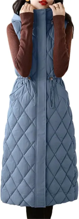 Winter Down Cotton Waistcoat Womens Long Cotton-Padded Vests Windproof Hooded Puffer Parkas Warm Snow Wear Coats