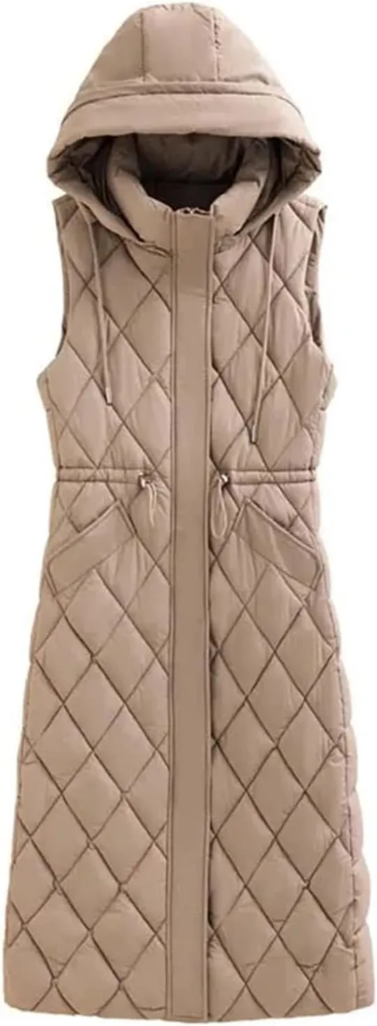 Winter Down Cotton Waistcoat Womens Long Cotton-Padded Vests Windproof Hooded Puffer Parkas Warm Snow Wear Coats