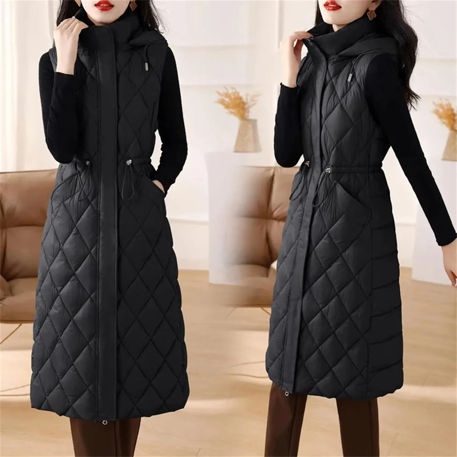 Winter Down Cotton Waistcoat Womens Long Cotton-Padded Vests Windproof Hooded Puffer Parkas Warm Snow Wear Coats