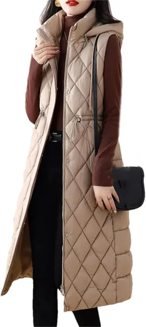 Winter Down Cotton Waistcoat Womens Long Cotton-Padded Vests Windproof Hooded Puffer Parkas Warm Snow Wear Coats