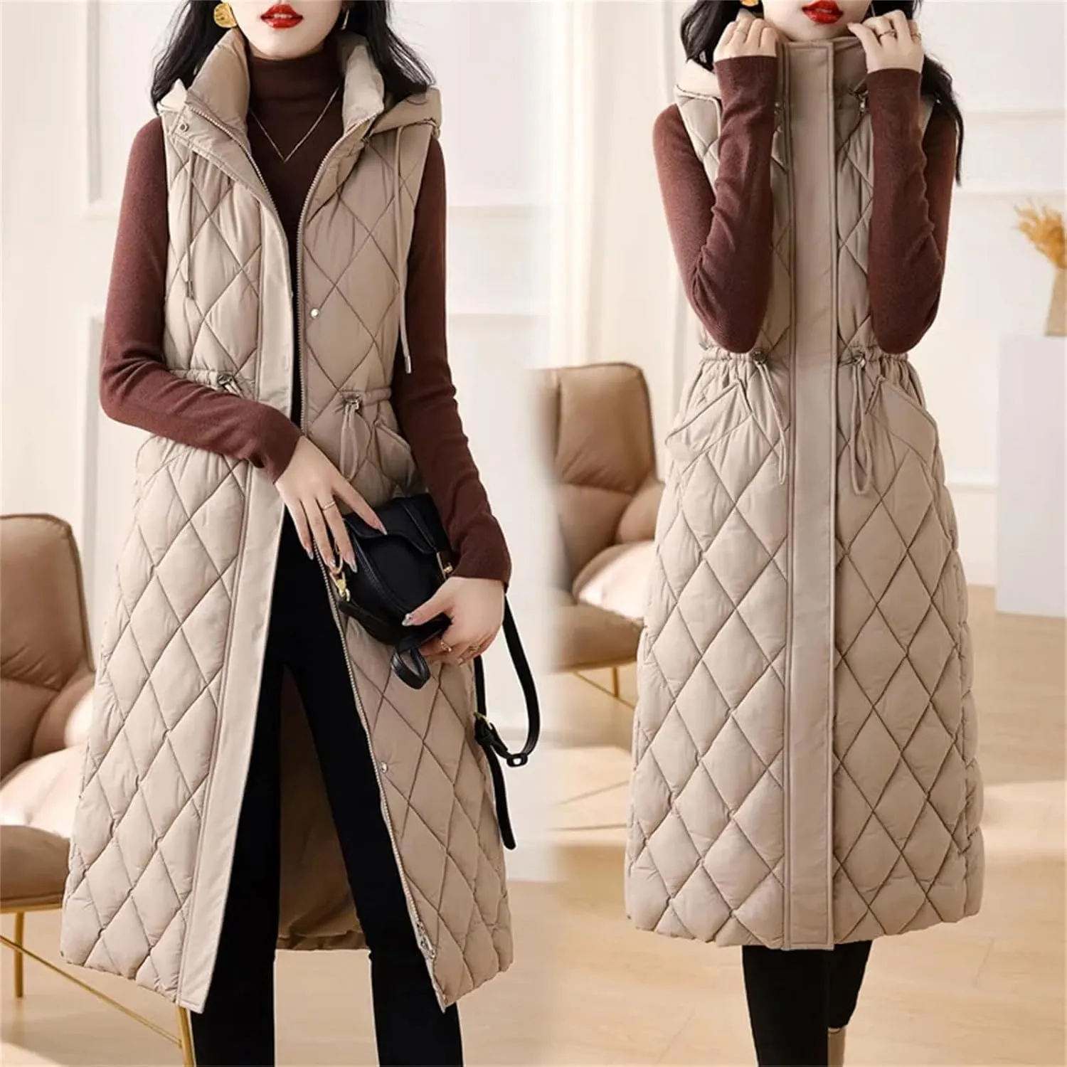Winter Down Cotton Waistcoat Womens Long Cotton-Padded Vests Windproof Hooded Puffer Parkas Warm Snow Wear Coats