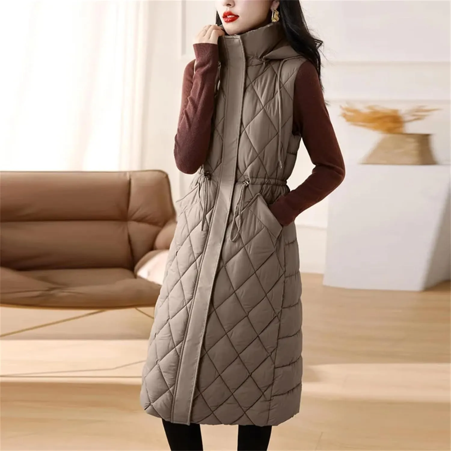 Winter Down Cotton Waistcoat Womens Long Cotton-Padded Vests Windproof Hooded Puffer Parkas Warm Snow Wear Coats