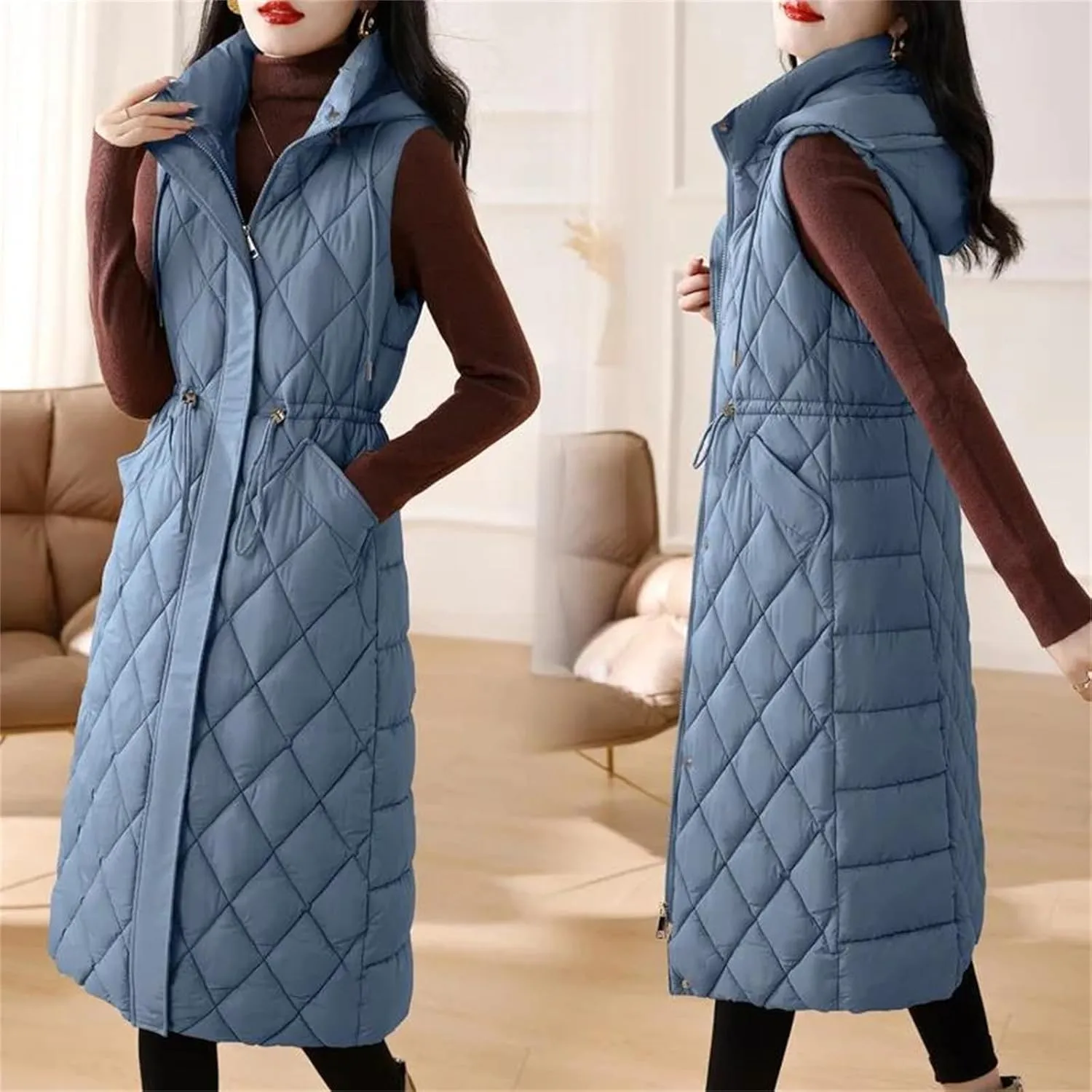 Winter Down Cotton Waistcoat Womens Long Cotton-Padded Vests Windproof Hooded Puffer Parkas Warm Snow Wear Coats