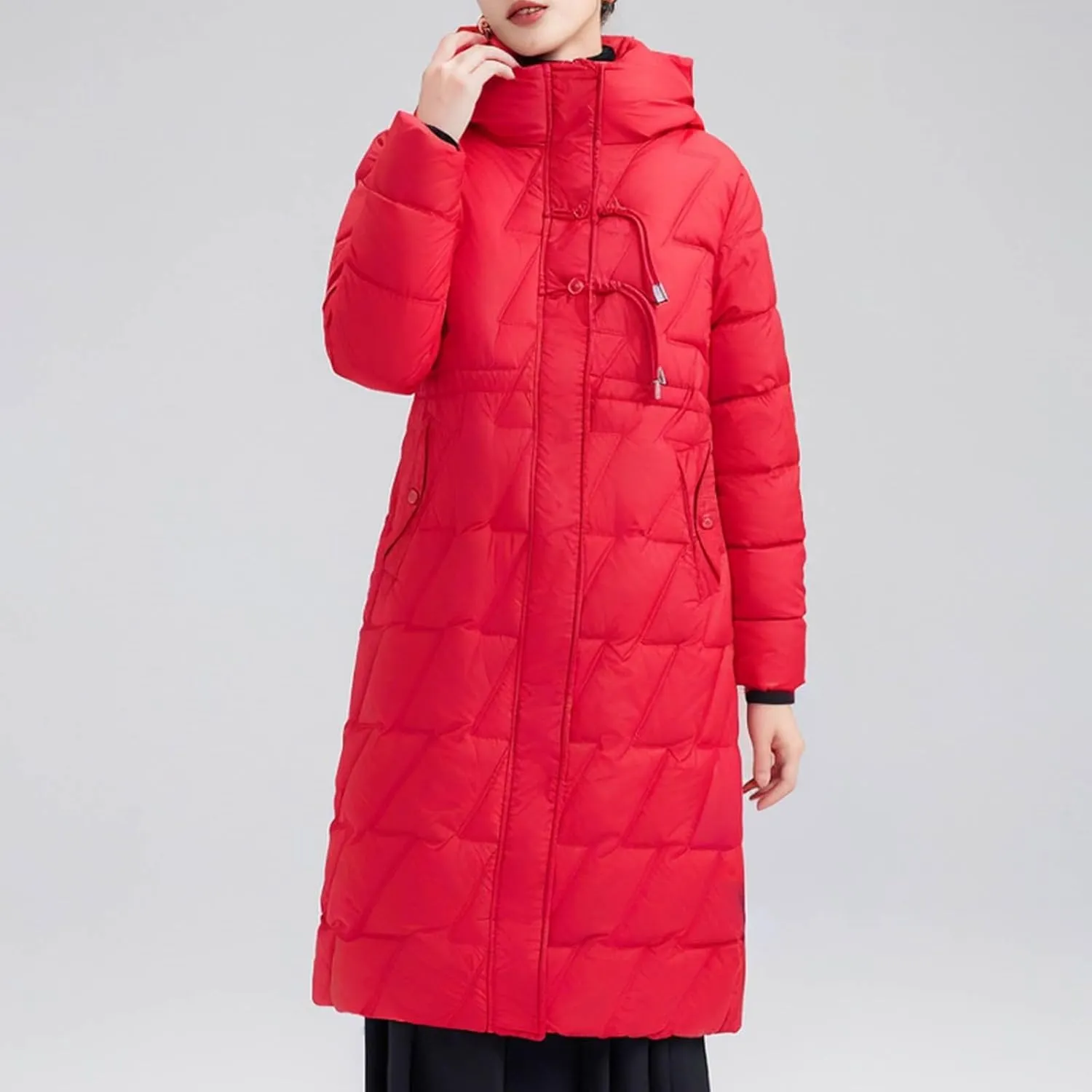 Winter Long Puffer Jacket For Women Long Sleeve Thickened Warm Zip Up Quilted Jacket Casual Baggy Down Coat With Hood