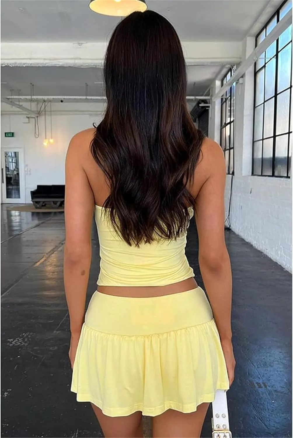 Women 2 Piece Mini Skirts Set Summer Sexy Y2k 2 Piece Skirt Outfits Tube Crop Tops Pleated Mini Skort Skirt Sets