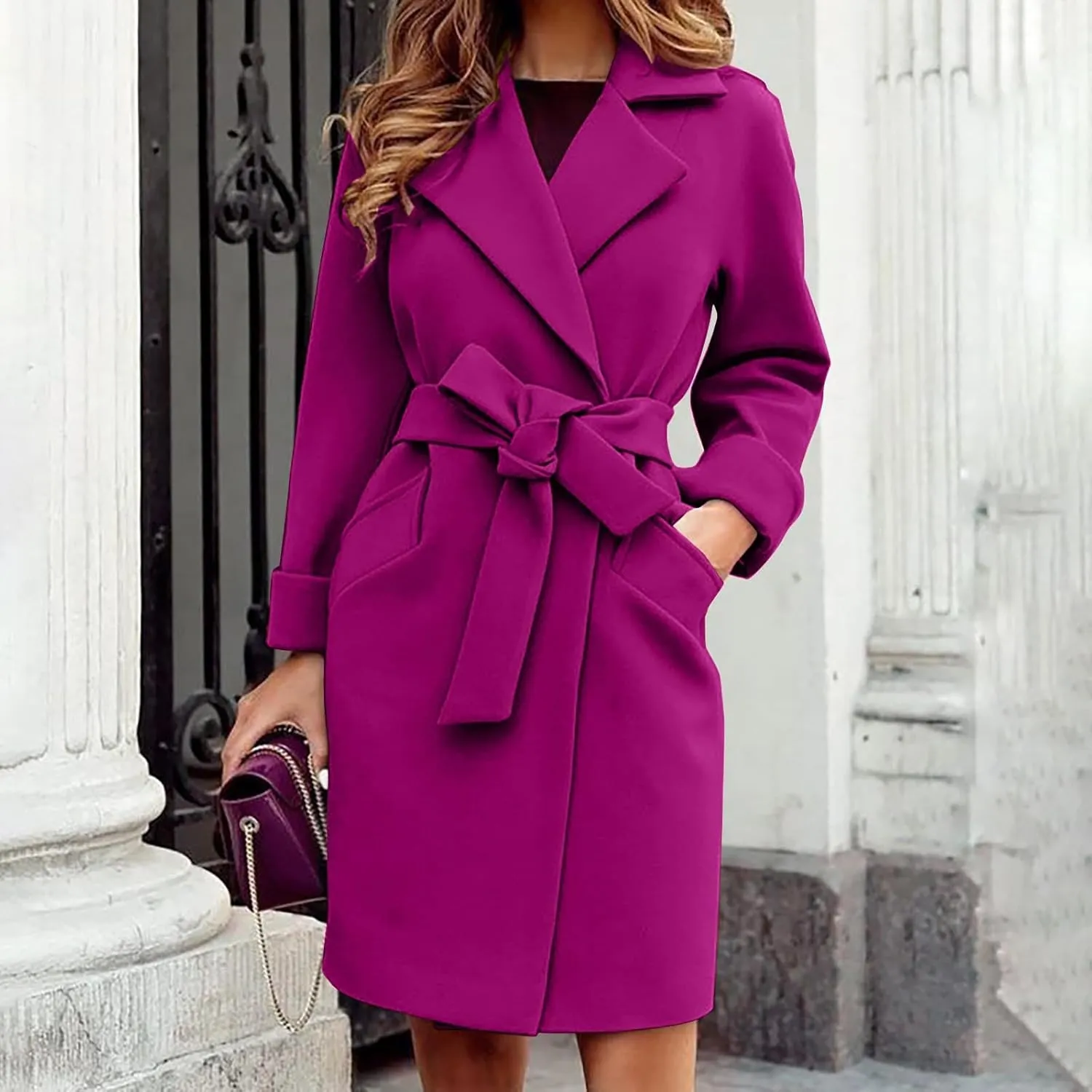 Women 2024 Fall Winter Pea Coats Notched Lapel Slim Fit Mid-Long Overcoats Long Sleeve Elegant Belted Trench Coat