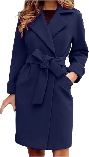 Women 2024 Fall Winter Pea Coats Notched Lapel Slim Fit Mid-Long Overcoats Long Sleeve Elegant Belted Trench Coat
