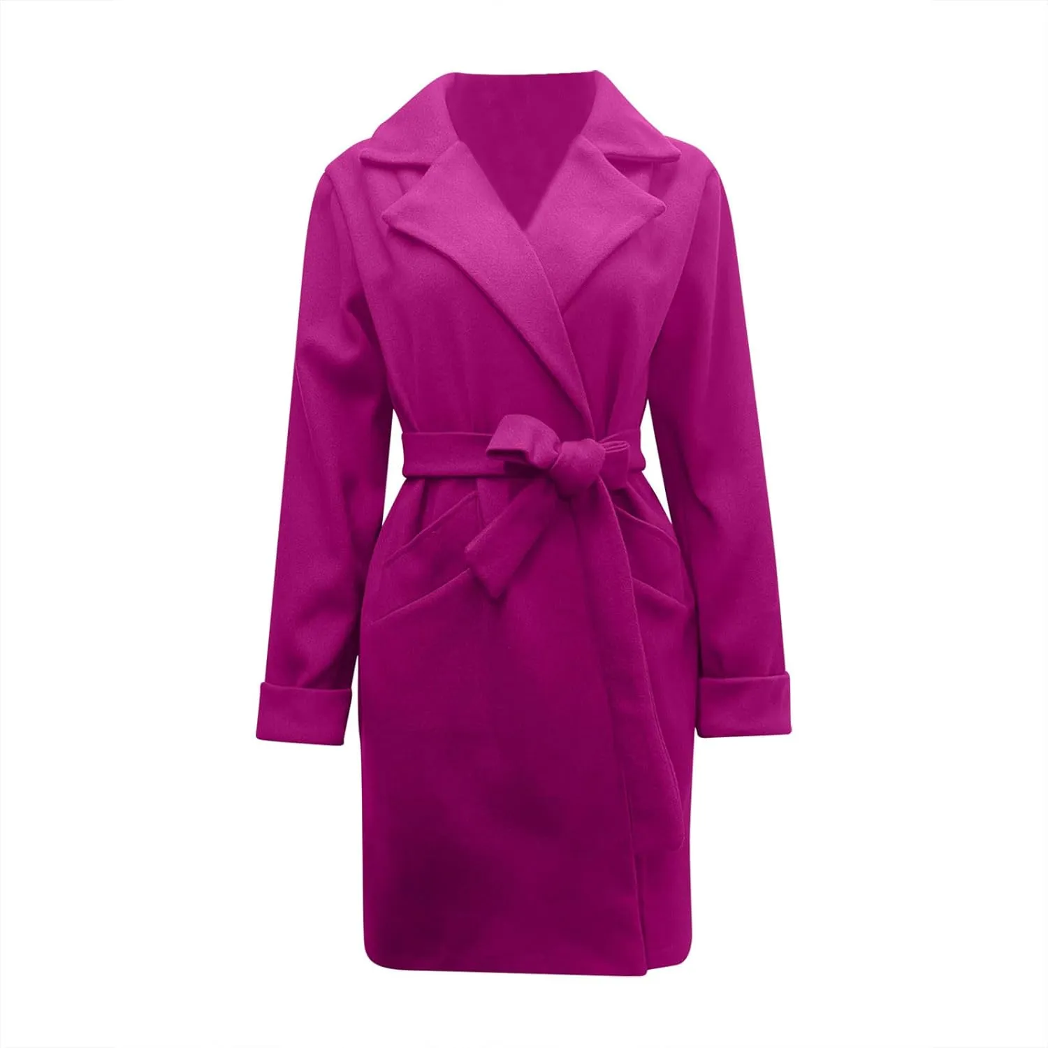 Women 2024 Fall Winter Pea Coats Notched Lapel Slim Fit Mid-Long Overcoats Long Sleeve Elegant Belted Trench Coat