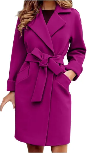 Women 2024 Fall Winter Pea Coats Notched Lapel Slim Fit Mid-Long Overcoats Long Sleeve Elegant Belted Trench Coat