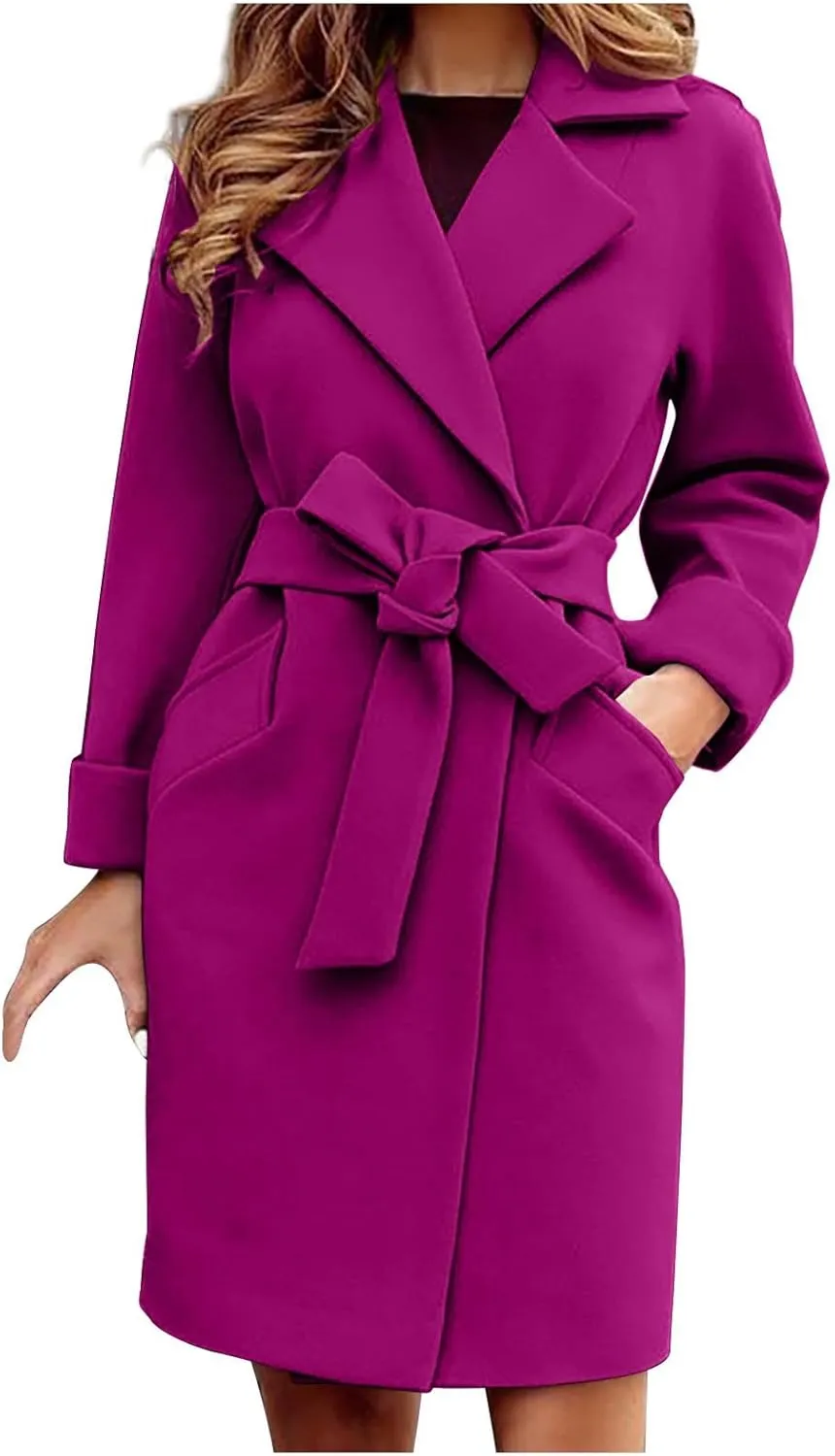 Women 2024 Fall Winter Pea Coats Notched Lapel Slim Fit Mid-Long Overcoats Long Sleeve Elegant Belted Trench Coat
