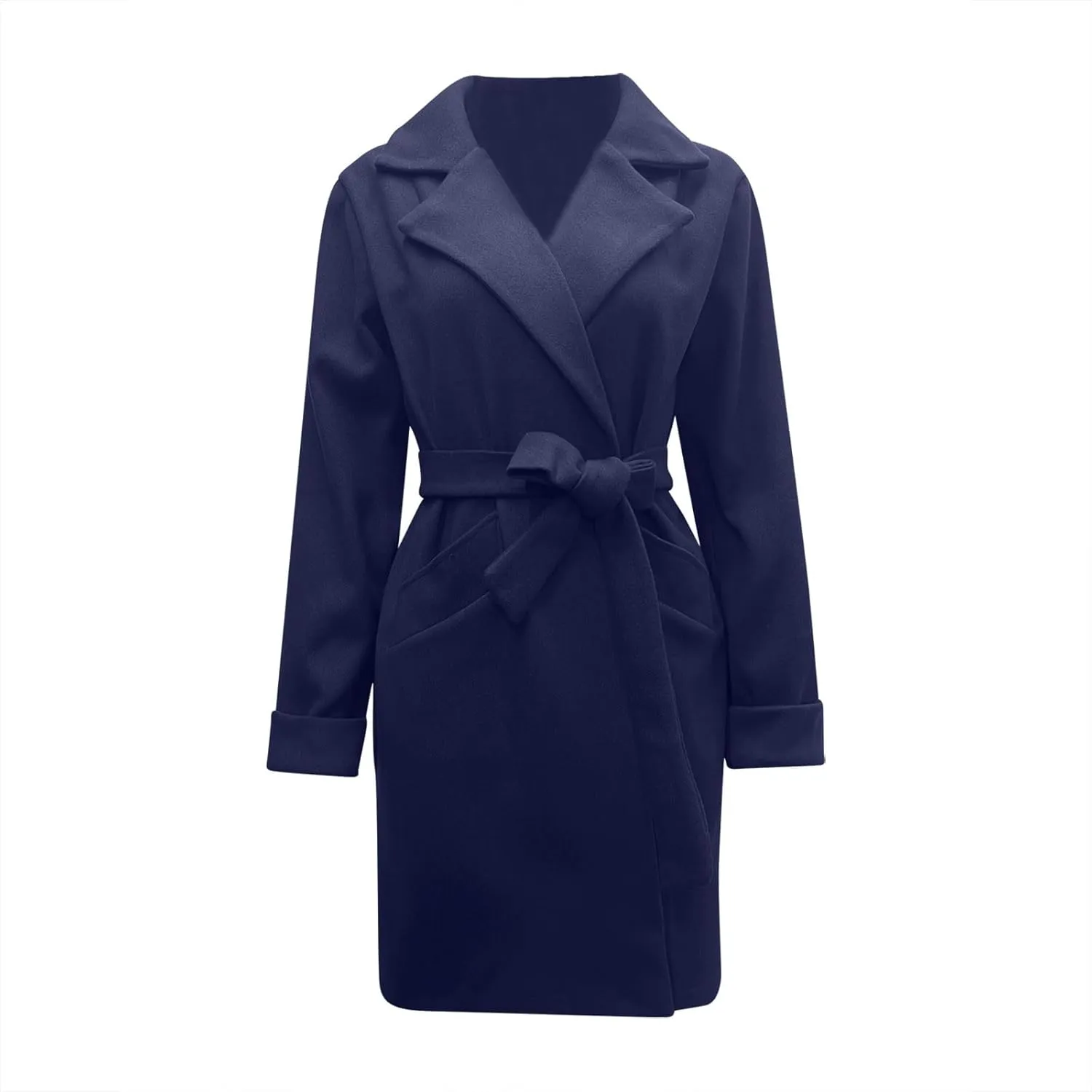 Women 2024 Fall Winter Pea Coats Notched Lapel Slim Fit Mid-Long Overcoats Long Sleeve Elegant Belted Trench Coat